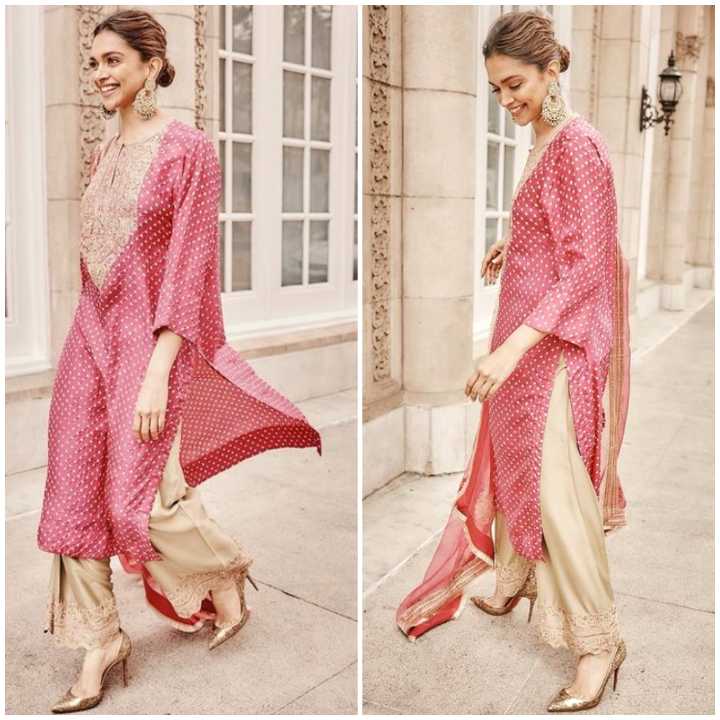 Deepika Padukone looks dazzling in a lovely pink bandhani suit and teams it up with chaandbalis at an event in the USA.