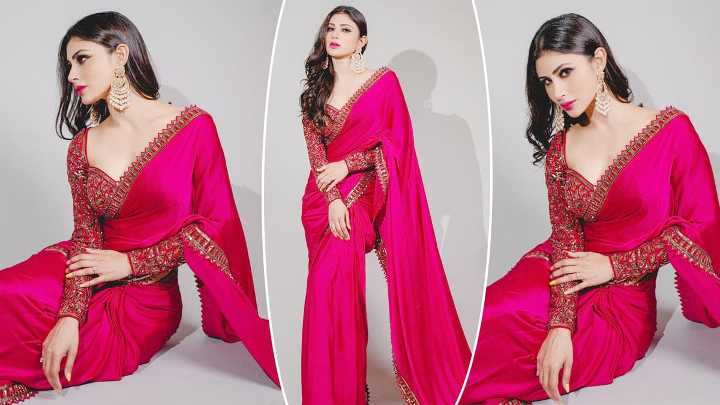 Mouni Roy Looks Ravishing In Deep Red Saree With Embellished Blouse, See Pics